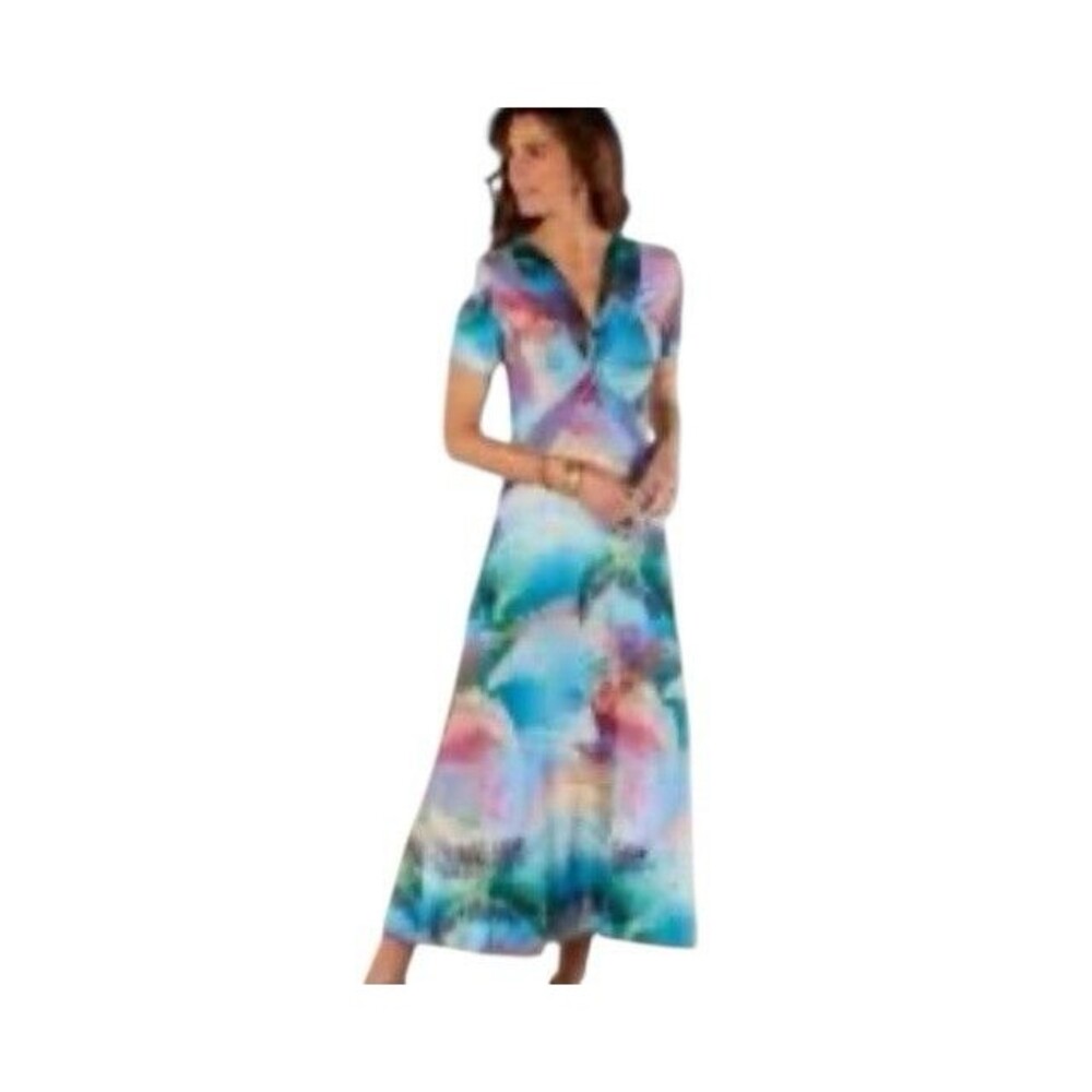Soft Surroundings Anya MIDI Dress V-Neck Palm Tropical Multicolor Sz XS